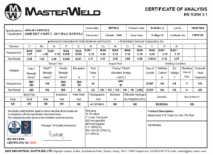 MasterWeld Welding Wire Batch Certificate